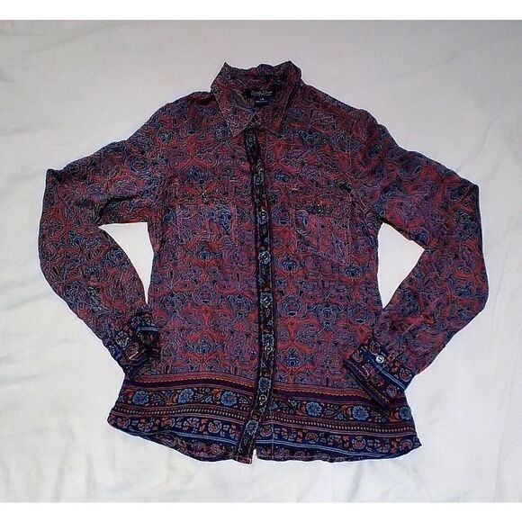 LUCKY BRAND SILK BLOUSE SIZE XS FINE QUALITY VIBRANT RED BLUE PAISLE - Picture 1 of 6